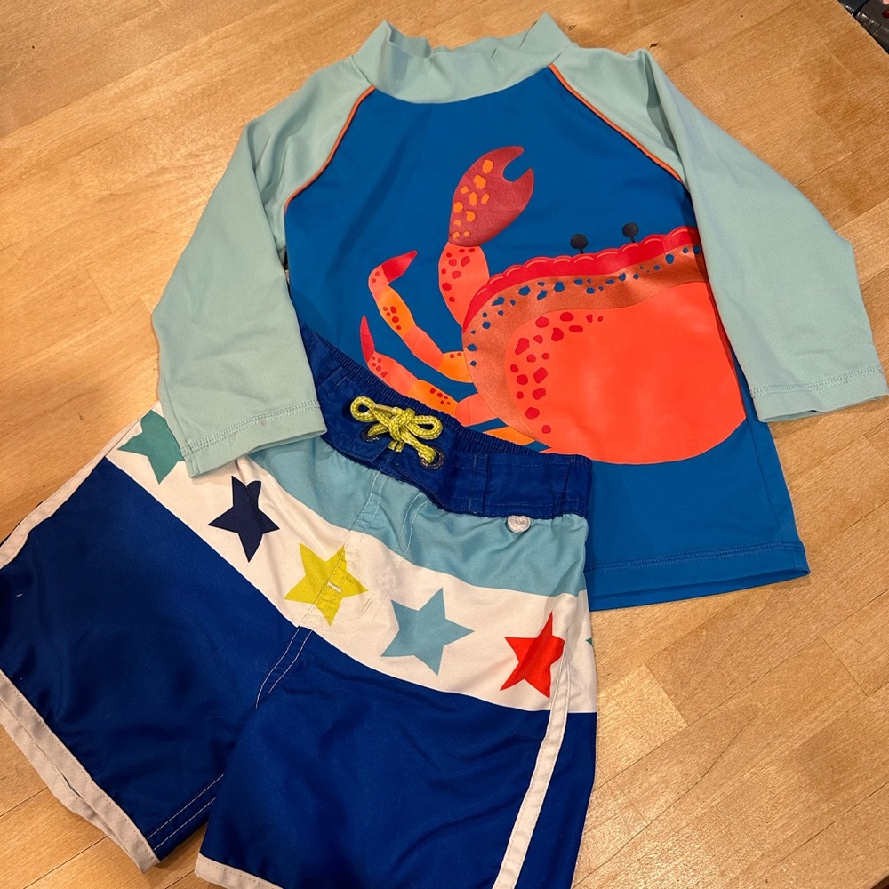 Mini Boden 3-4 Y Swim Rash Guard and Matching Shorts